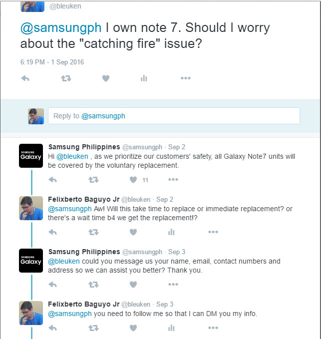 SamsungPH's reply w/ my Twit About Samsung Galaxy Note 7