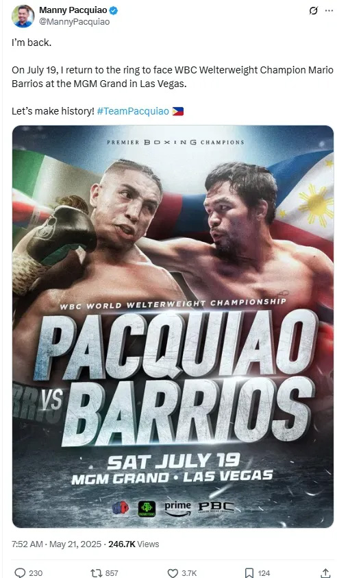 Pacquiao announced Pacquiao vs Barrios fight posted on X platform Pacquiao announced Pacquiao vs Barrios fight posted on X platform