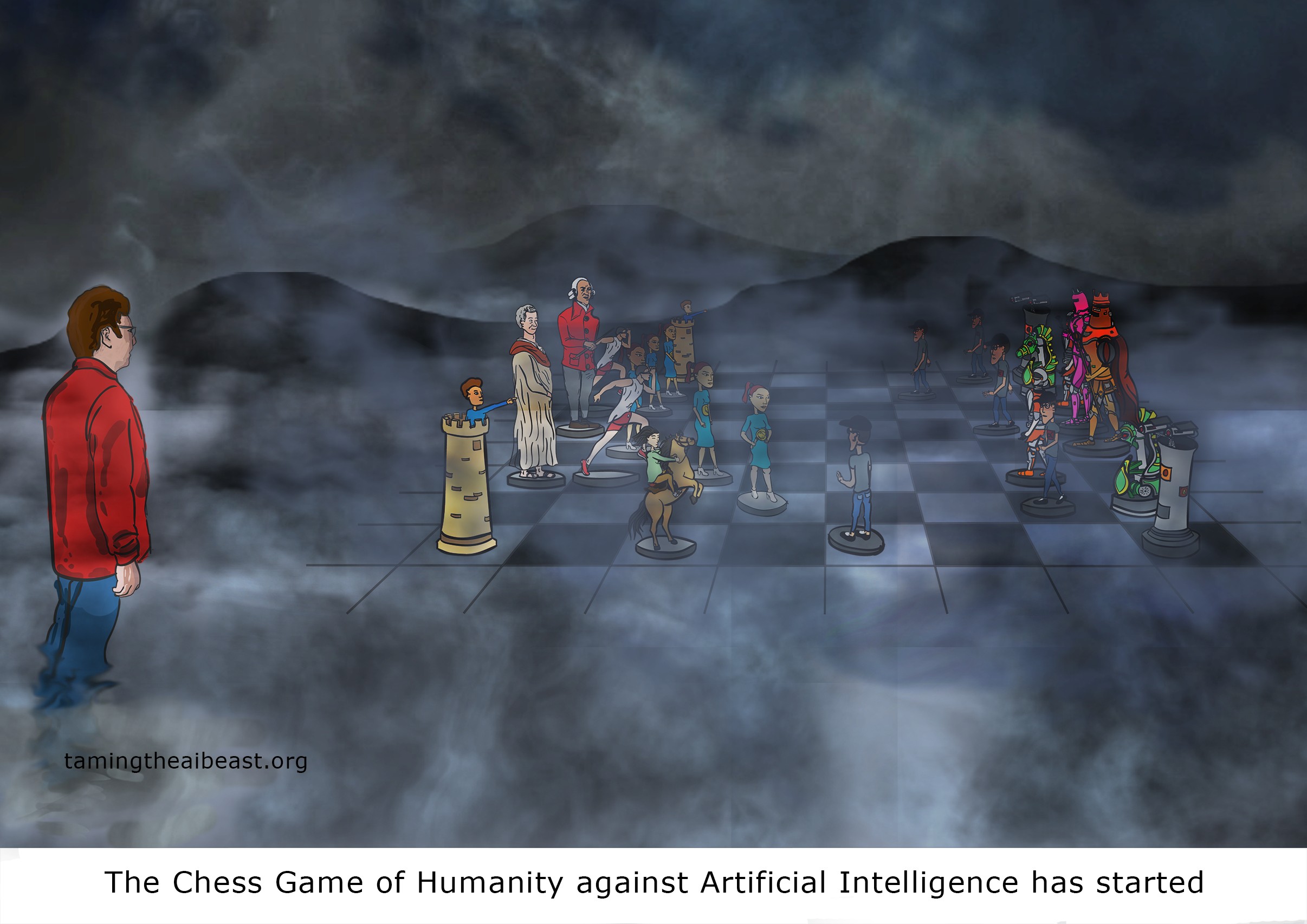 Chess board representing the strategic relationship between humanity and artificial intelligence