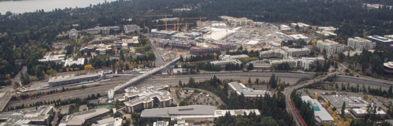 Aerial view of the Microsoft campus in Redmond, Washington during redevelopment