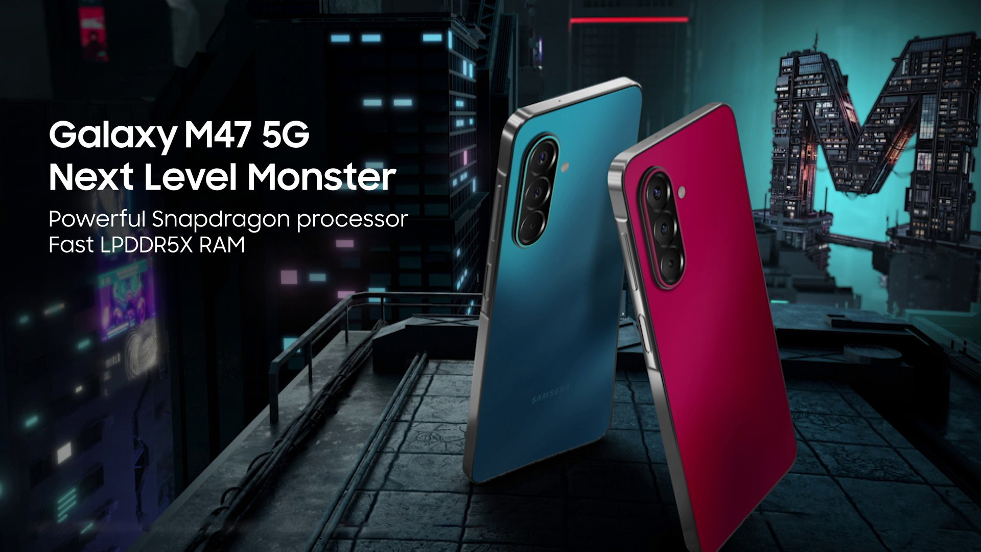 Samsung Galaxy M47 in Blaze Blue — official product render