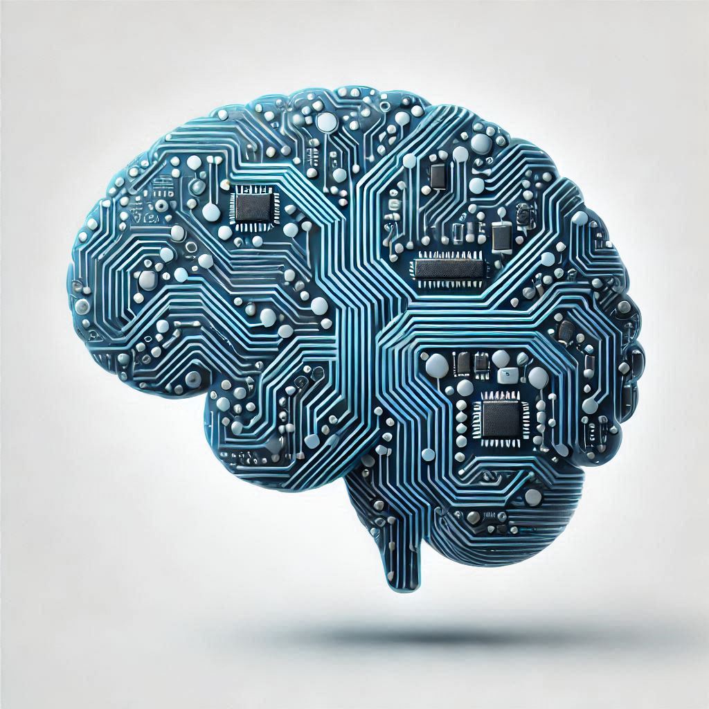 Human brain with blue circuit lines representing artificial intelligence and AI-assisted coding concept