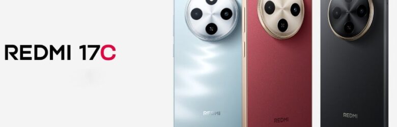Redmi 17C smartphone in red faux leather finish showing large display and circular camera module