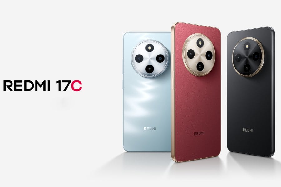 Redmi 17C in Danxia Red with faux leather finish, showing the large 6.88-inch display and circular camera module