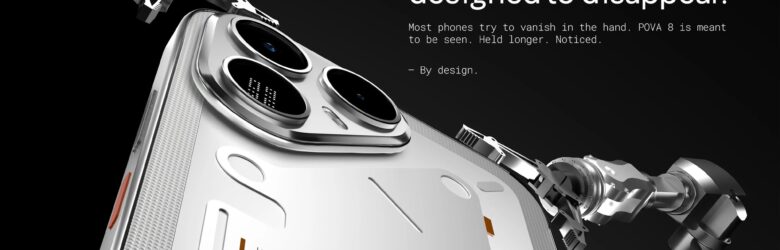 Tecno Pova 8 5G phone showing its futuristic rear matrix LED design and large display