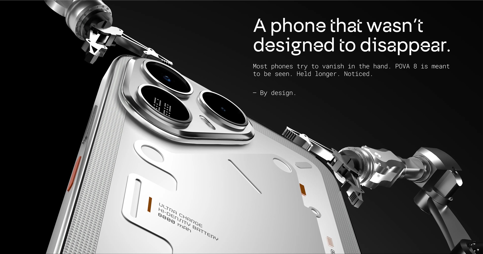 Tecno Pova 8 5G phone showing its futuristic matrix LED design
