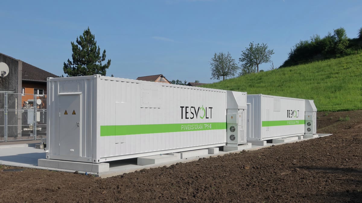 Tesvolt battery energy storage system installed at a facility in Rheineck, Switzerland - grid-scale power storage for renewable energy