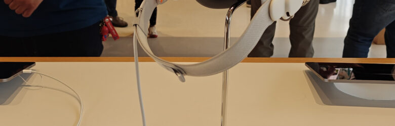 Apple Vision Pro mixed-reality headset with battery pack at Apple Store in Cupertino