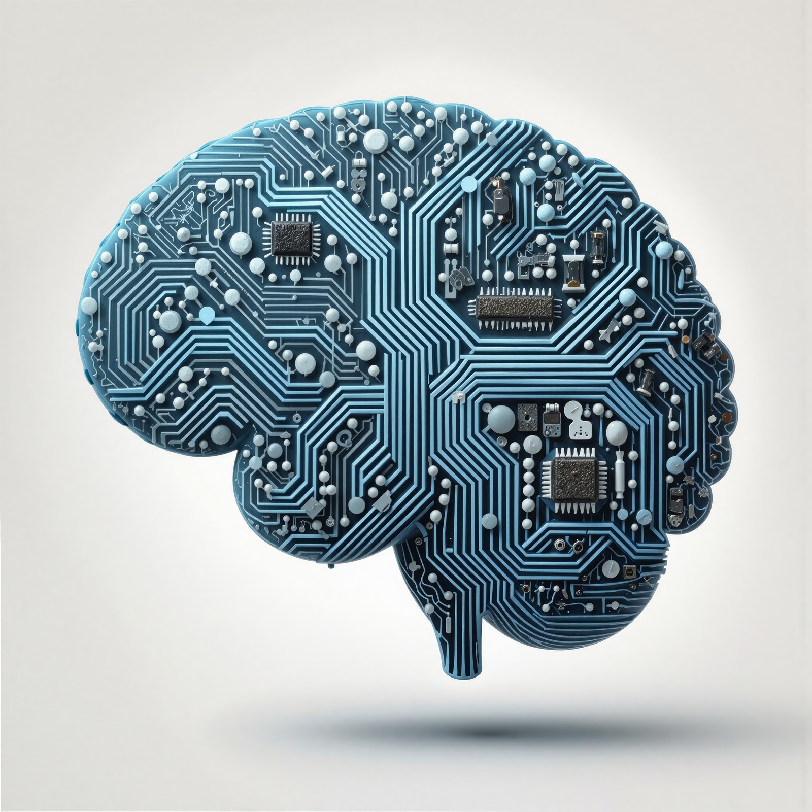 Human brain with blue circuit board pattern representing artificial intelligence and neural networks
