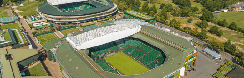 Aerial view of Wimbledon Centre Court with its iconic retractable roof