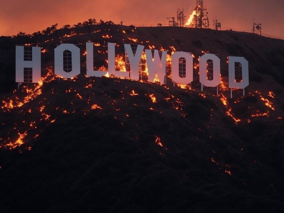 An AI-generated deepfake image of the Hollywood sign during wildfires, illustrating the rise of synthetic media hoaxes