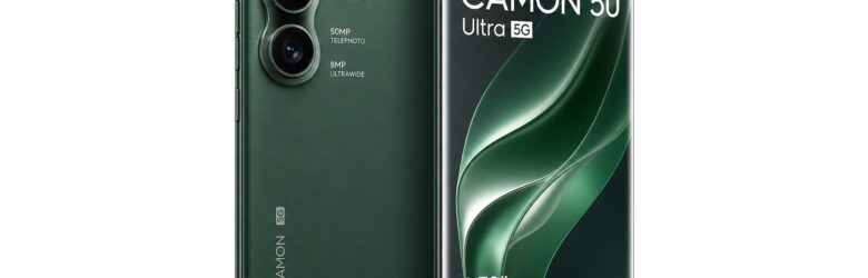 Tecno Camon 50 Ultra 5G showing its curved AMOLED display and triple camera module in Cypress Green color