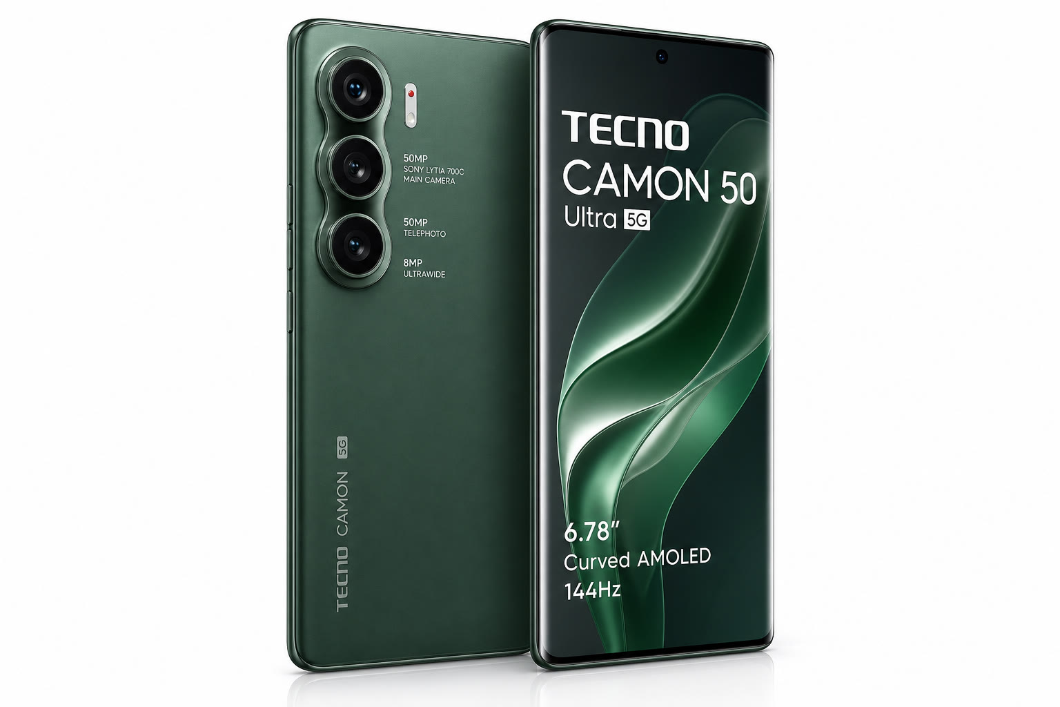 Tecno Camon 50 Ultra 5G showing its curved AMOLED display and triple camera module in Cypress Green color
