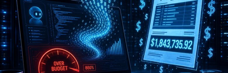 Conceptual illustration of an AI coding agent with a runaway token usage counter going over budget