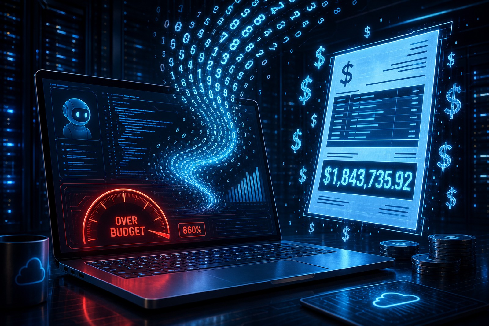 Conceptual illustration of an AI coding agent with a runaway token usage counter going over budget
