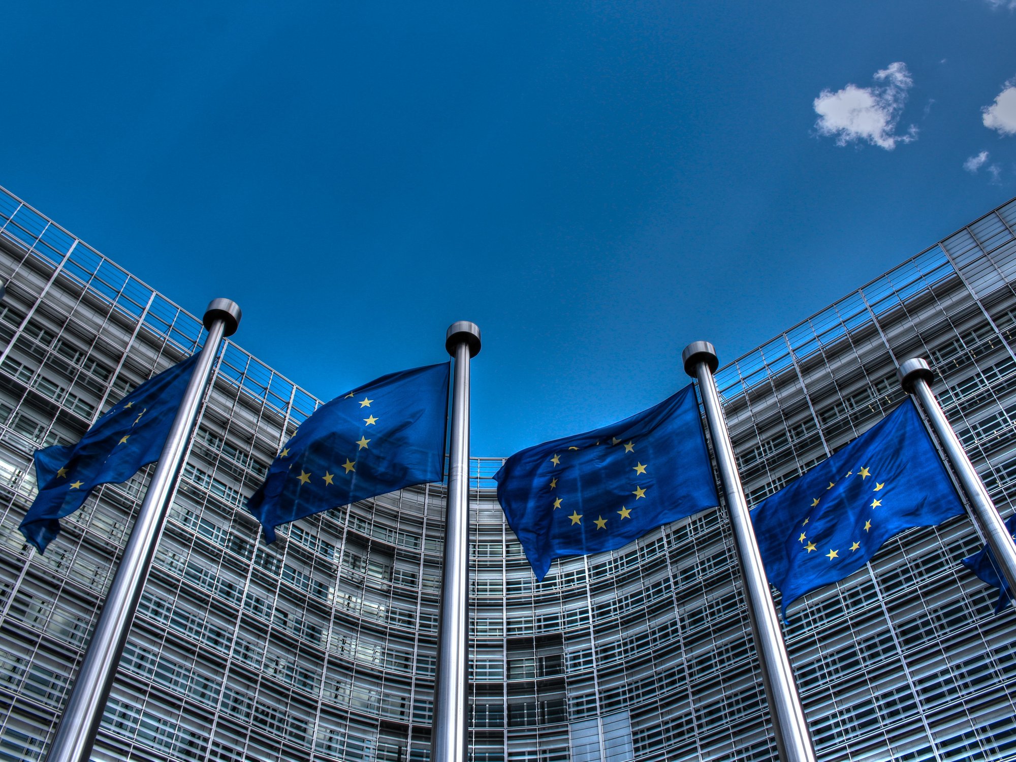 European Union flags flying in front of EU buildings in Brussels