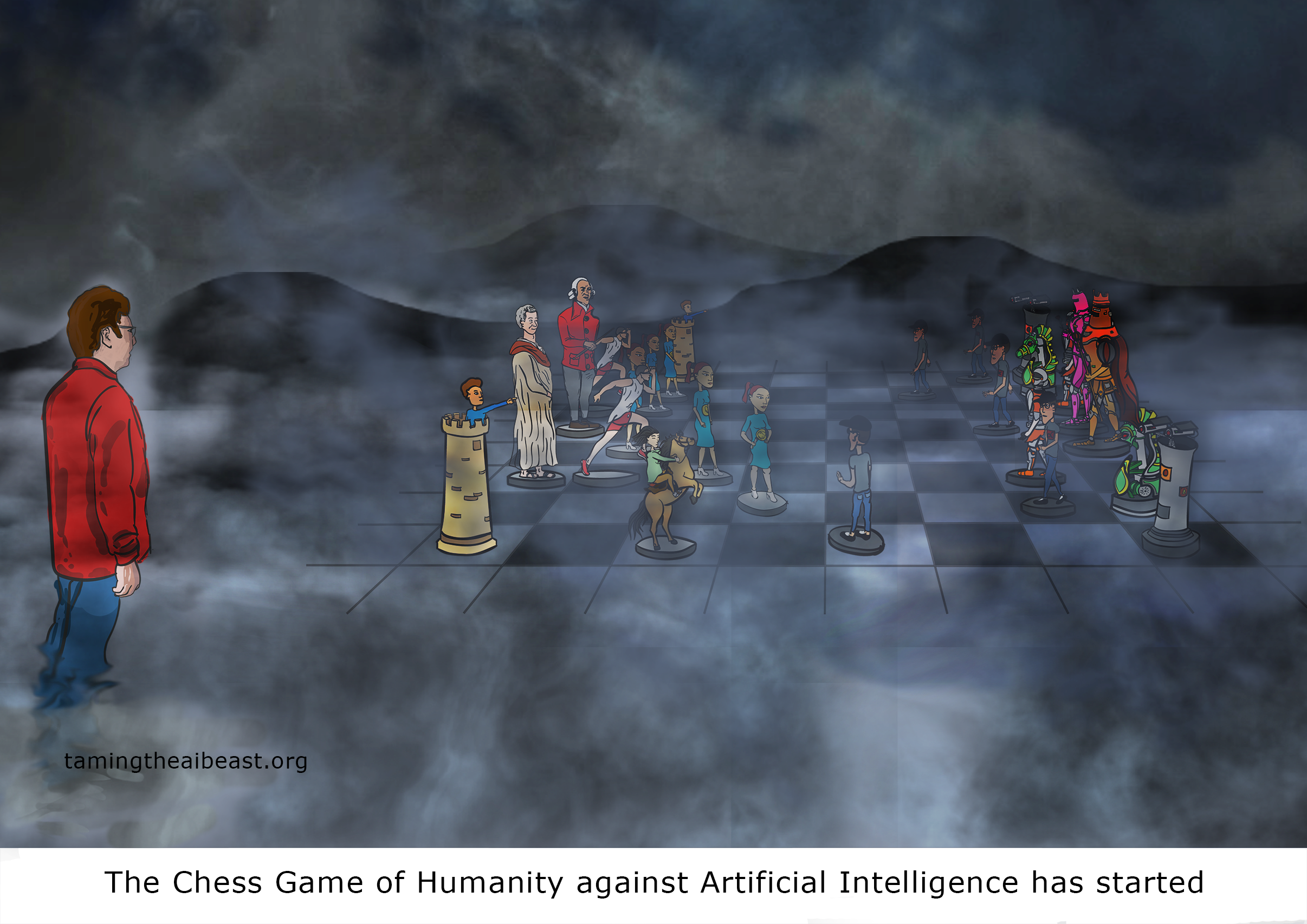 Chess pieces symbolizing the battle between human critical thinking and artificial intelligence
