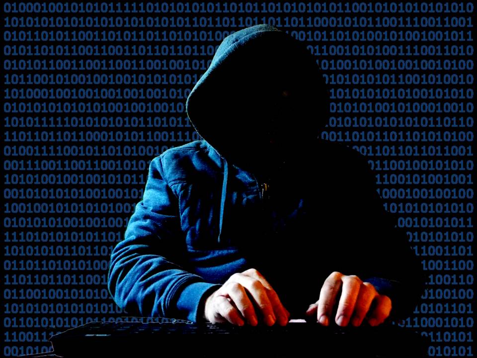 A cliche hacker in a hoodie silhouette against binary code representing cybersecurity and coding