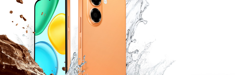 HONOR X7e smartphone in Sunrise Orange color showing front display and camera design