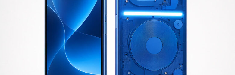 Nothing Phone (4b) in Blue color showing the transparent back design with Glyph Bar LED lighting