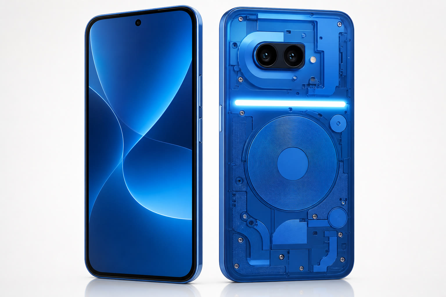 Nothing Phone (4b) in Blue showing transparent back and Glyph Bar