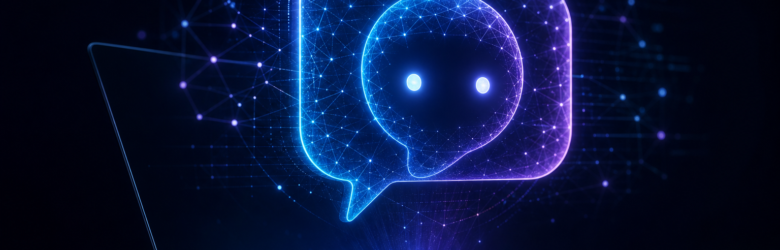 An abstract AI assistant interface on a computer screen with glowing blue and purple neural network patterns and a chat bubble suggesting AI personality
