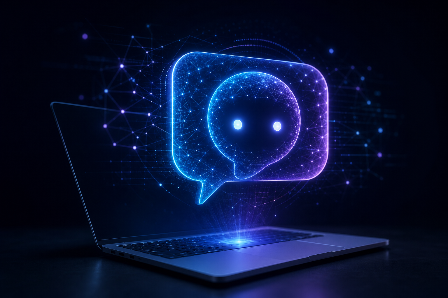 AI assistant interface with glowing neural network patterns and chat bubble on a laptop keyboard