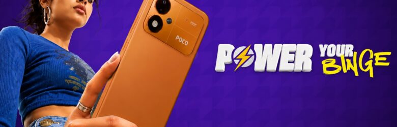 POCO M8 Power smartphone in orange colour showing large 7-inch display