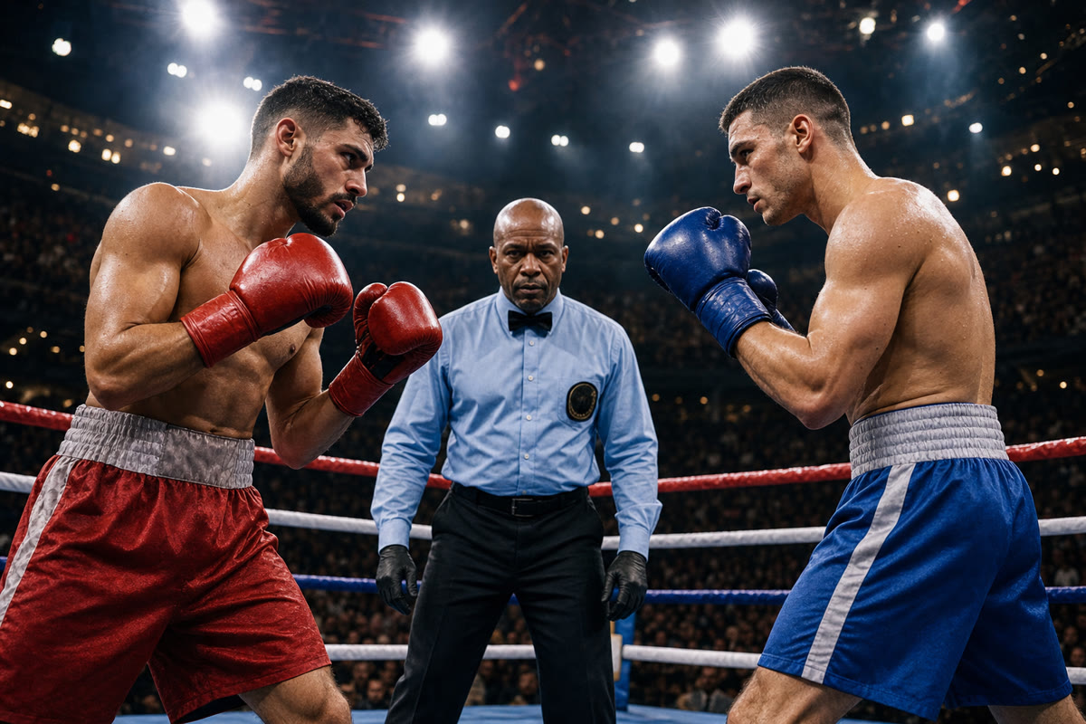 Two lightweight boxers face off in a boxing ring under bright lights