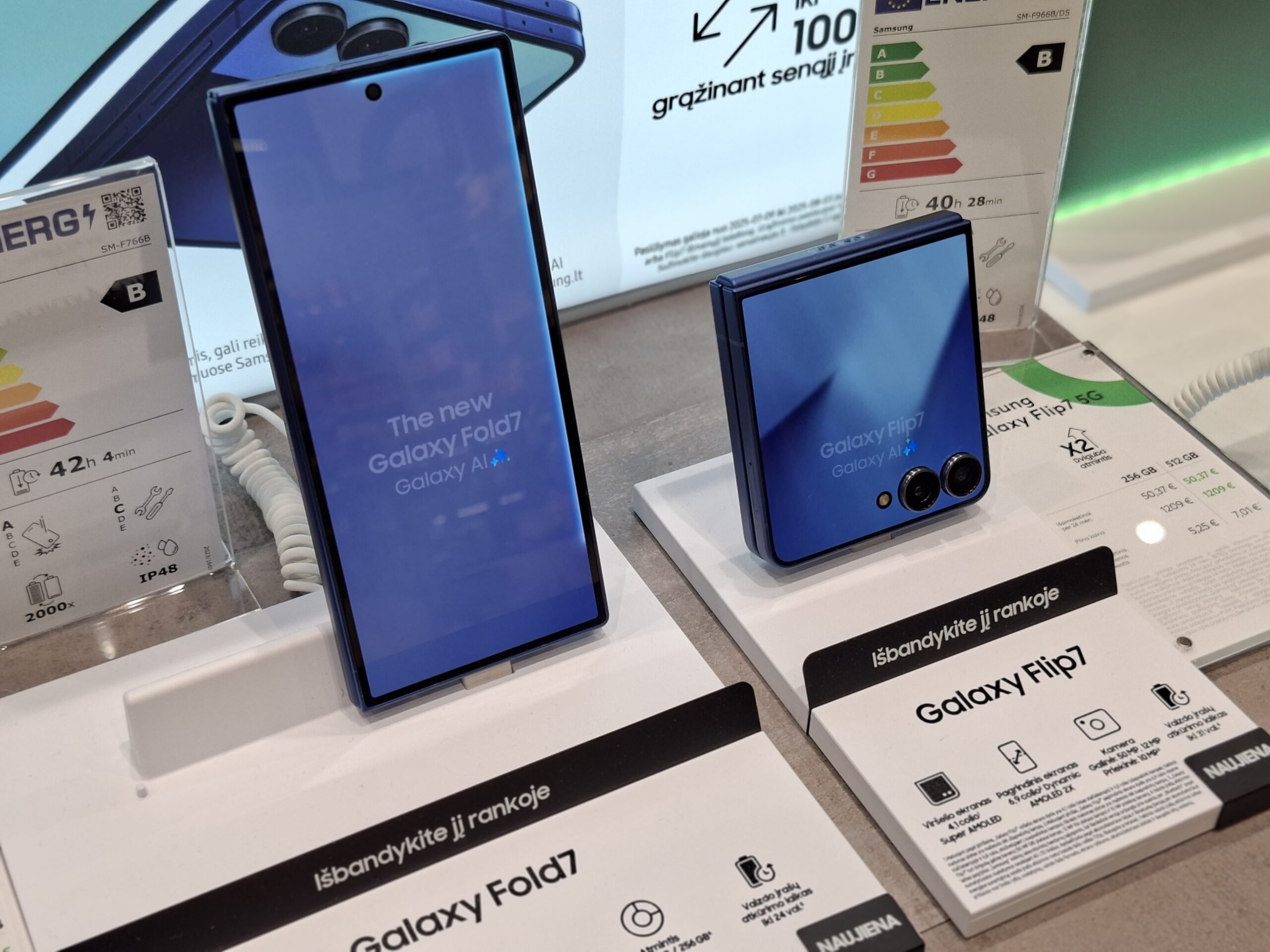 Samsung Galaxy Z Fold 7 and Z Flip 7 foldable phones on display