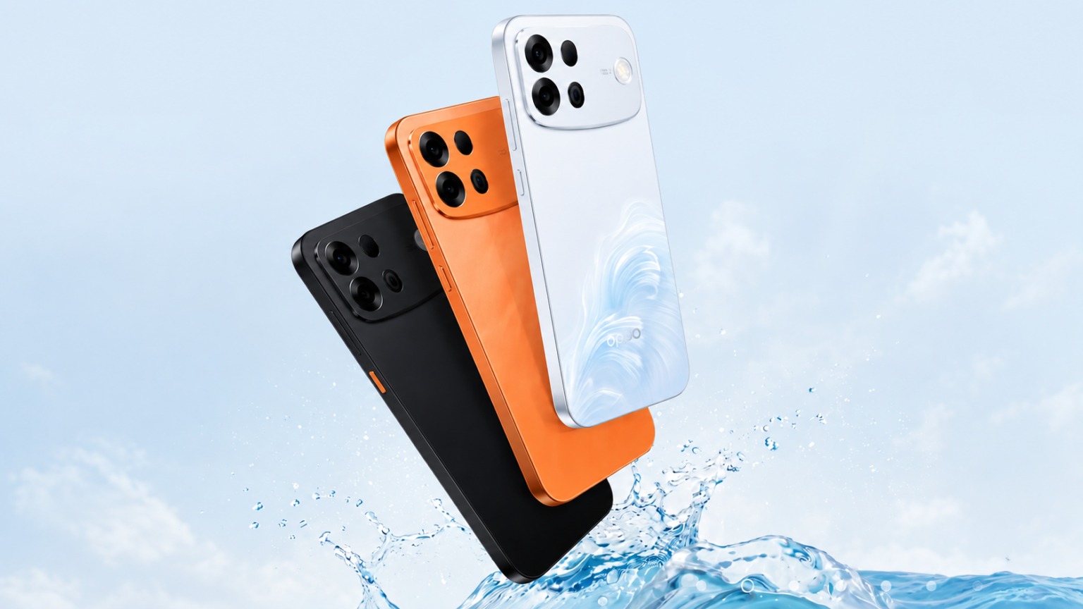 Oppo A7 Pro Max in Wave Rider, Orange Glow, and Mountain Black colorways