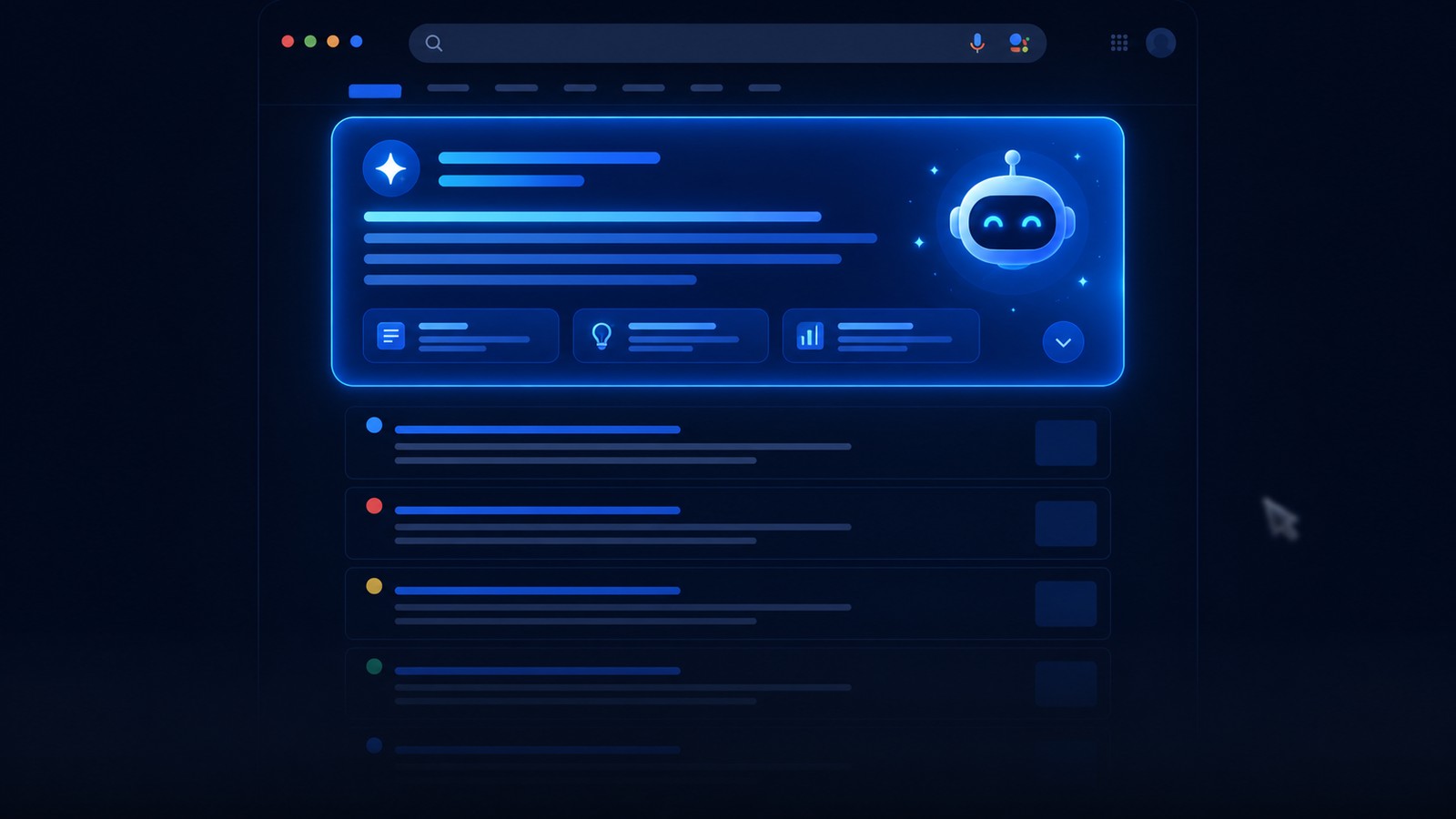 Conceptual illustration of an AI search answer panel pushing classic blue links down the results page