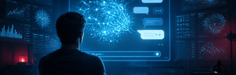 Conceptual illustration of a person warily viewing a glowing AI interface, representing public skepticism about AI