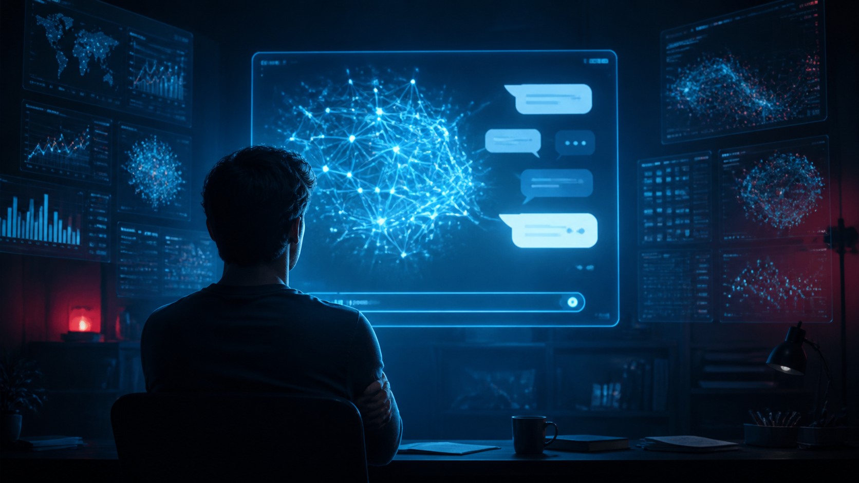 Conceptual illustration of a person warily viewing a glowing AI interface