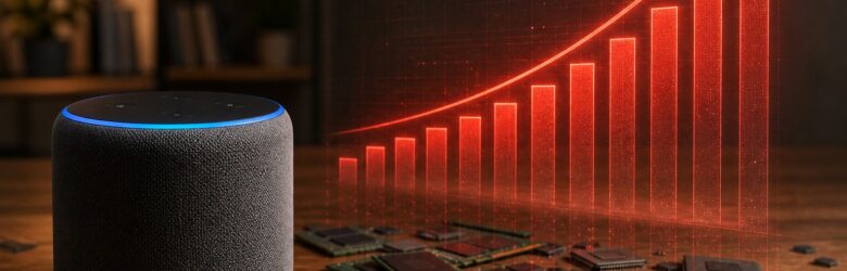 Conceptual illustration of a smart speaker surrounded by computer memory chips with a rising price chart, representing AI memory shortage driving up gadget prices