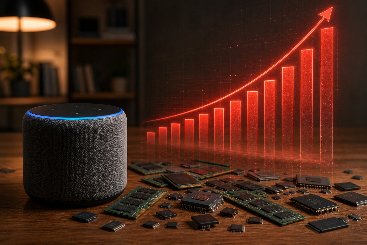 Conceptual illustration of a smart speaker surrounded by memory chips with a rising price chart