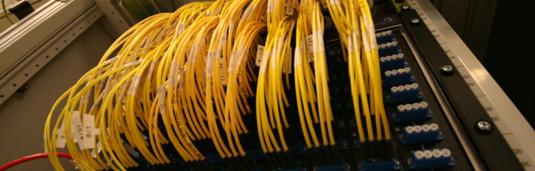 Fiber optic patch panels at the Amsterdam Internet Exchange, where internet traffic crosses between networks