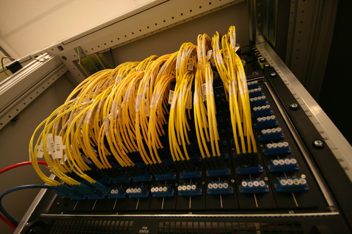 Fiber optic patch panels at the Amsterdam Internet Exchange, where internet traffic crosses between networks