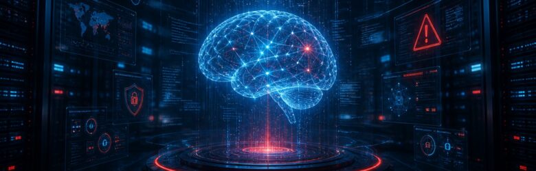 Conceptual illustration of a glowing AI neural core hitting a critical cybersecurity threshold in a dark data center