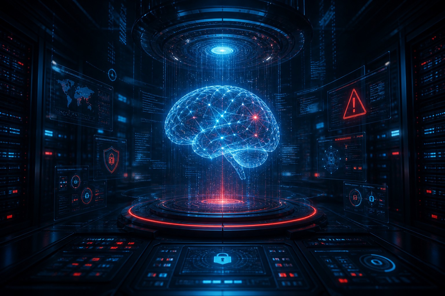 Conceptual illustration of a glowing AI neural core hitting a critical cybersecurity threshold in a dark data center