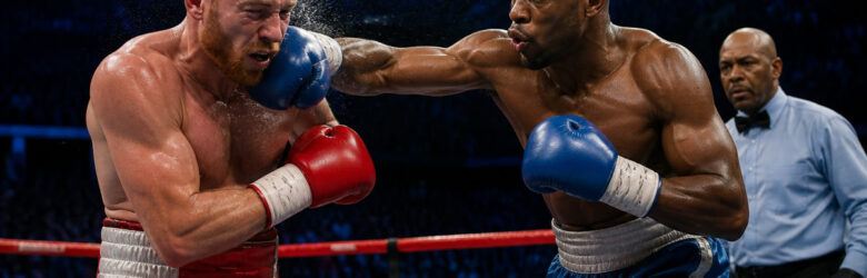 Two professional middleweight boxers exchanging punches in a boxing ring under bright lights with a crowd in the background