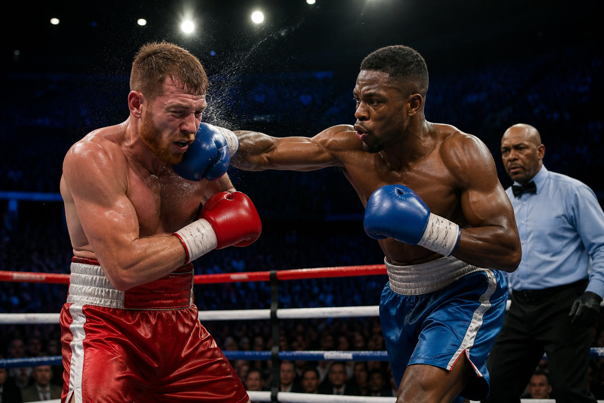 Two professional middleweight boxers exchanging punches in a boxing ring under bright lights