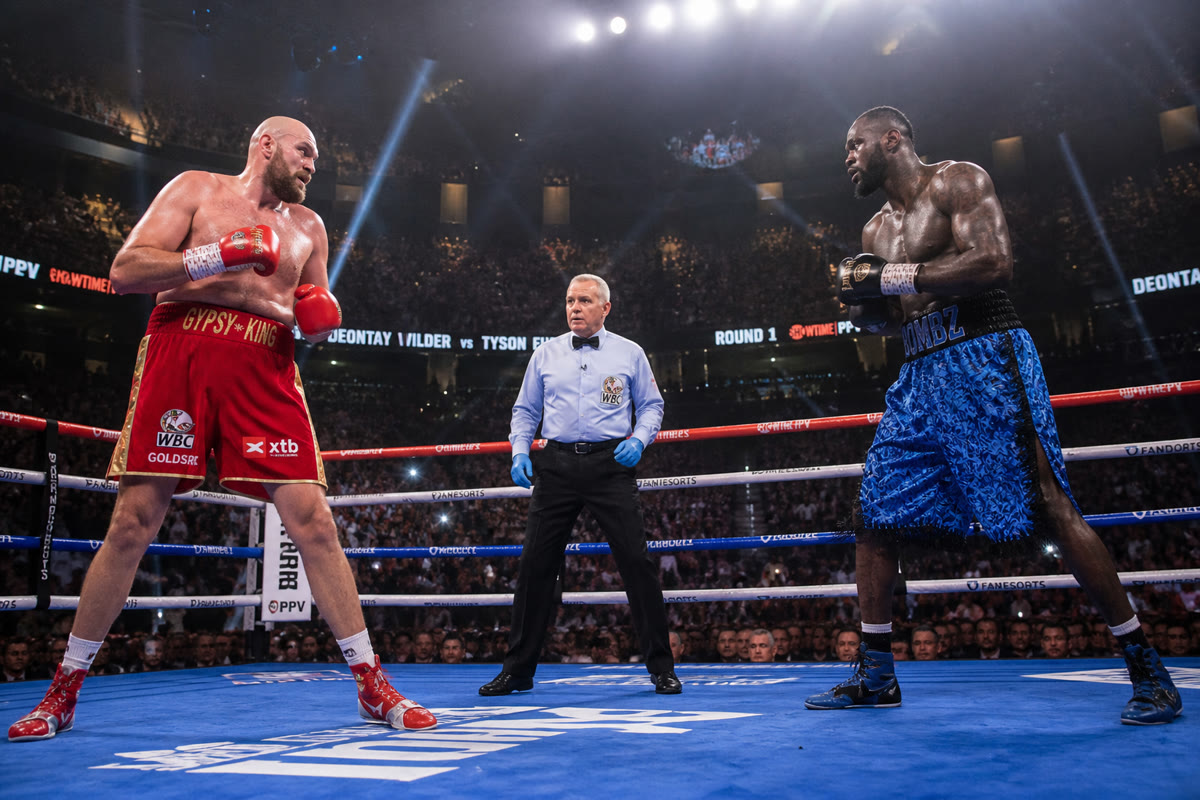 Two heavyweight boxers in the ring under bright arena lights