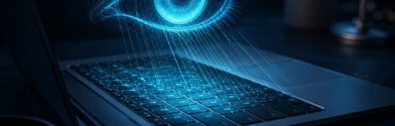 Conceptual illustration of a glowing AI eye monitoring a laptop keyboard