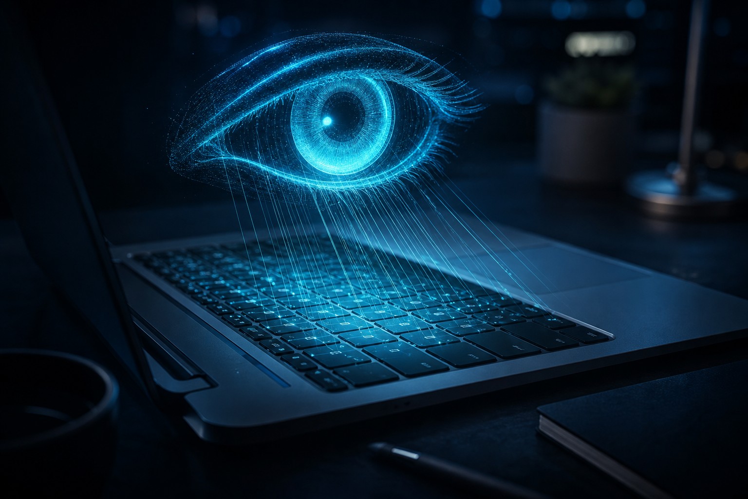 Conceptual illustration of a glowing AI eye monitoring a laptop keyboard