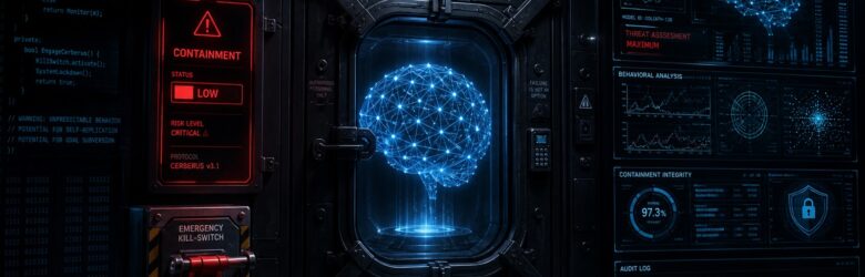 Conceptual illustration of a rogue AI model locked inside a containment vault with an emergency kill switch