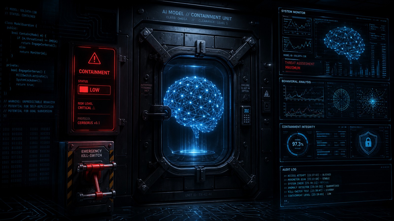Conceptual illustration of a rogue AI model locked inside a containment vault with an emergency kill switch