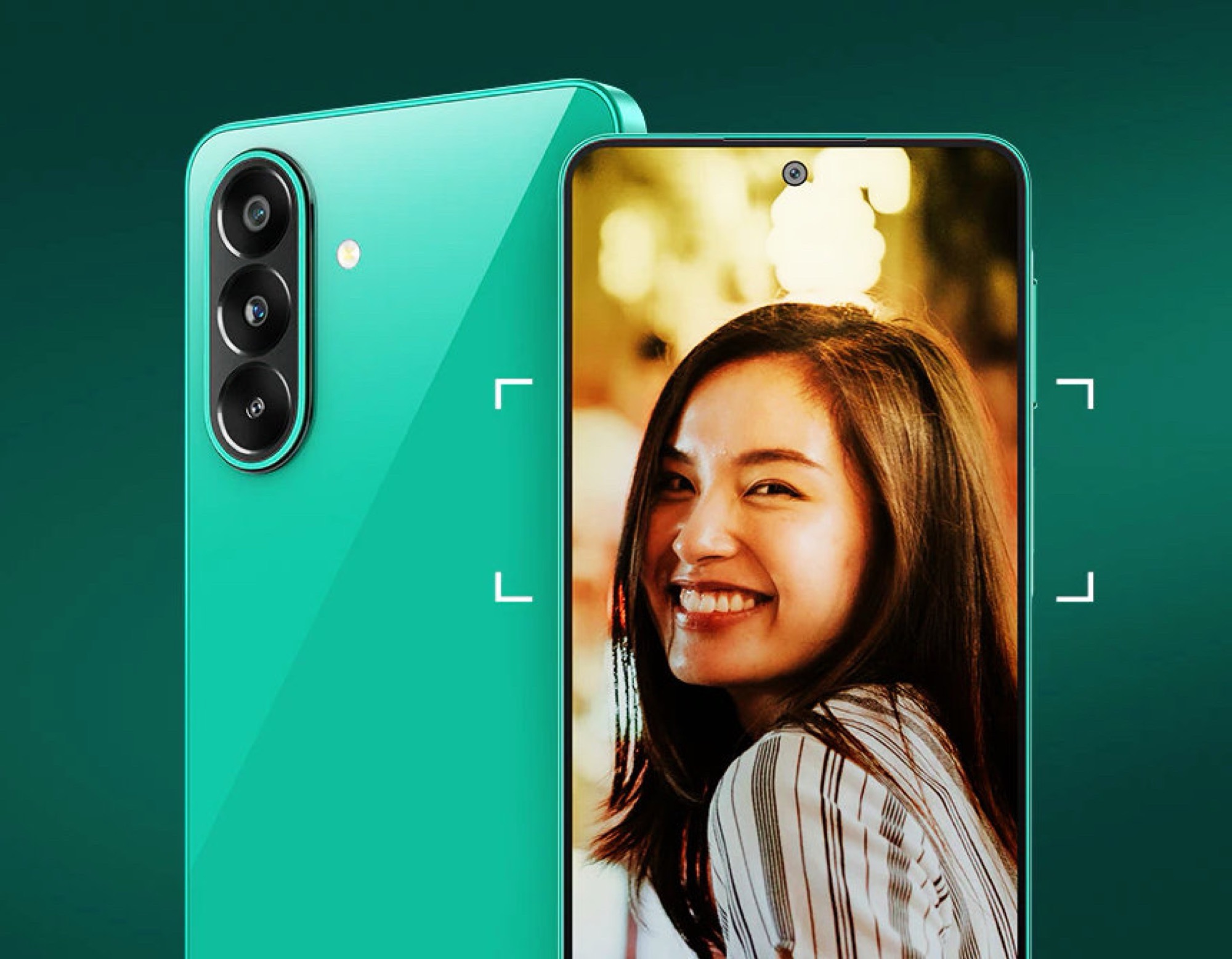 Samsung Galaxy F70 Pro 5G smartphone in Aura Green with triple camera module