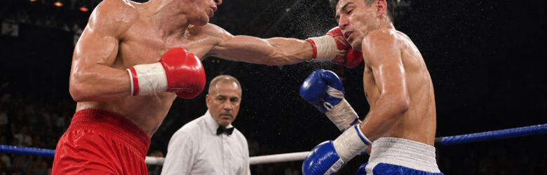 Two lightweight boxers exchanging punches in a boxing ring under bright lights
