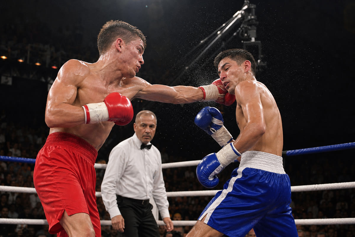 Two lightweight boxers exchanging punches in a boxing ring under bright lights